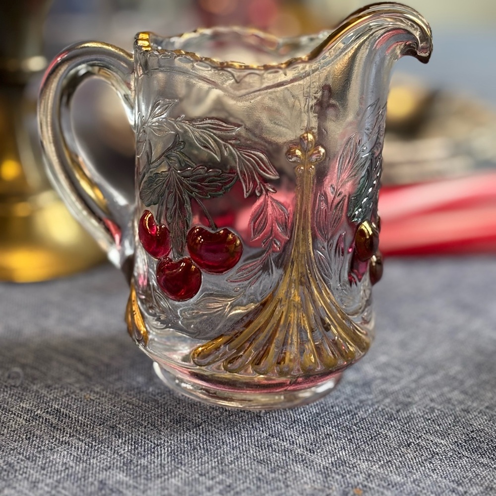 Vintage  Glass Pitcher/ creamer  with Red and Gold Accents